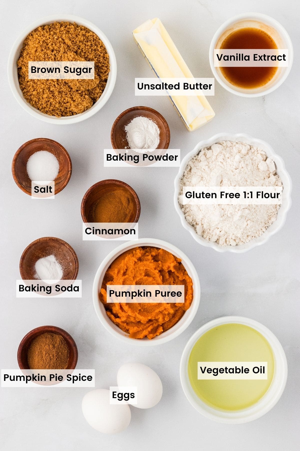 Labeled ingredients for pumpkin crumb cake.