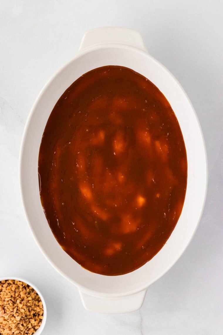 Caramel sauce poured over a creamy Greek yogurt dip.