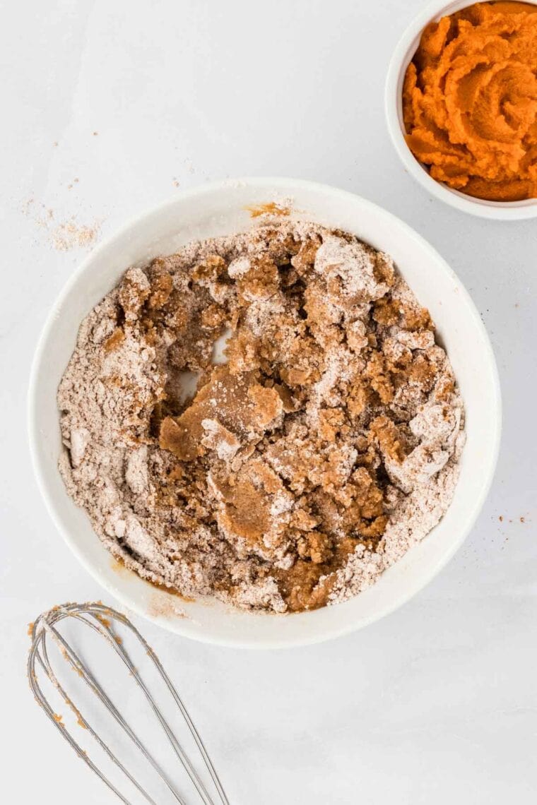 Crumble topping for pumpkin crumb cake in a bowl.