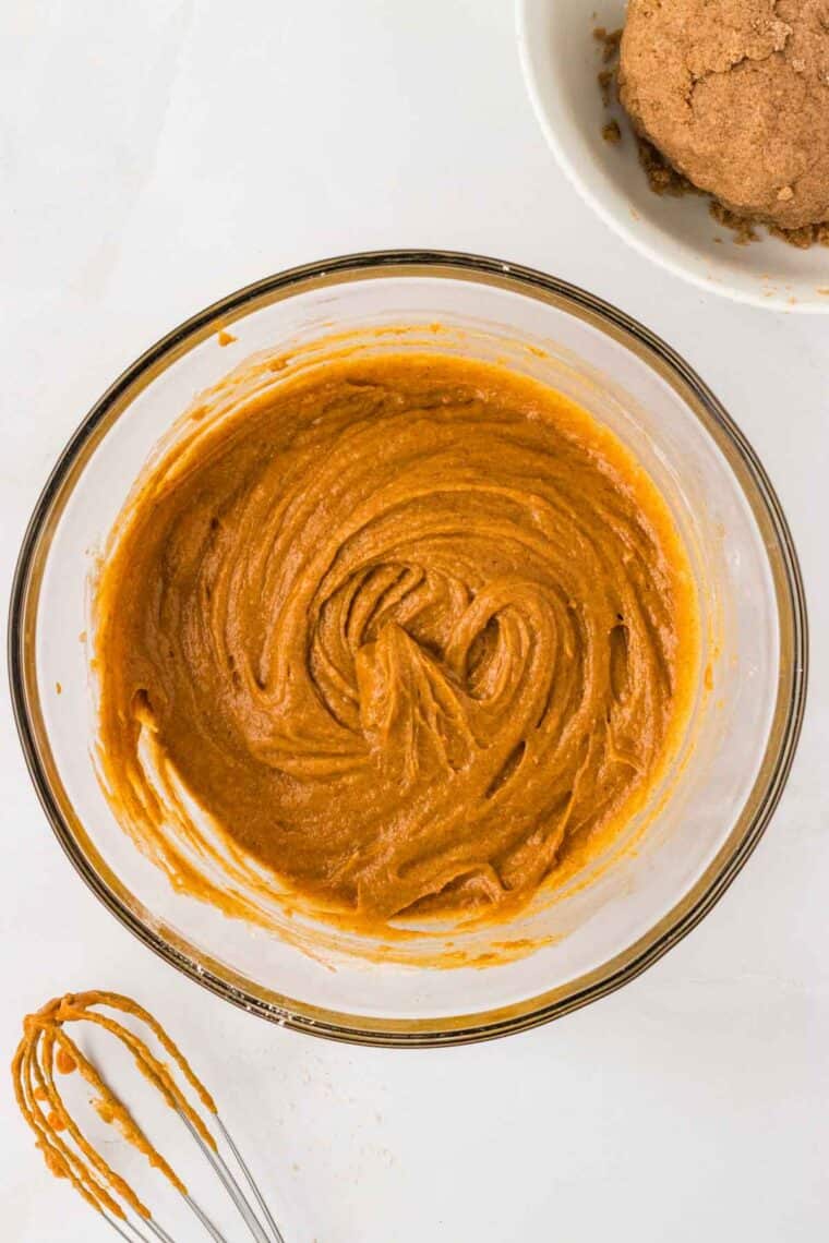Pumpkin coffee cake batter in a bowl.