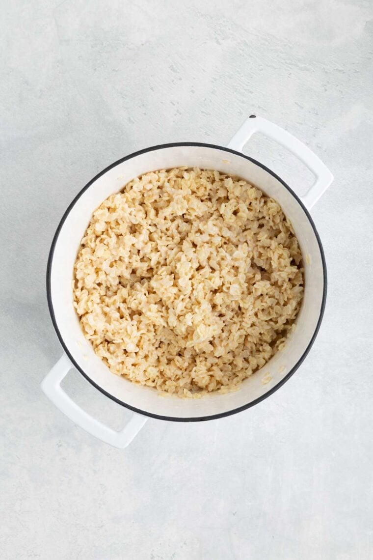 Crisp rice cereal mixed with melted marshmallows, butter, vanilla, and salt.