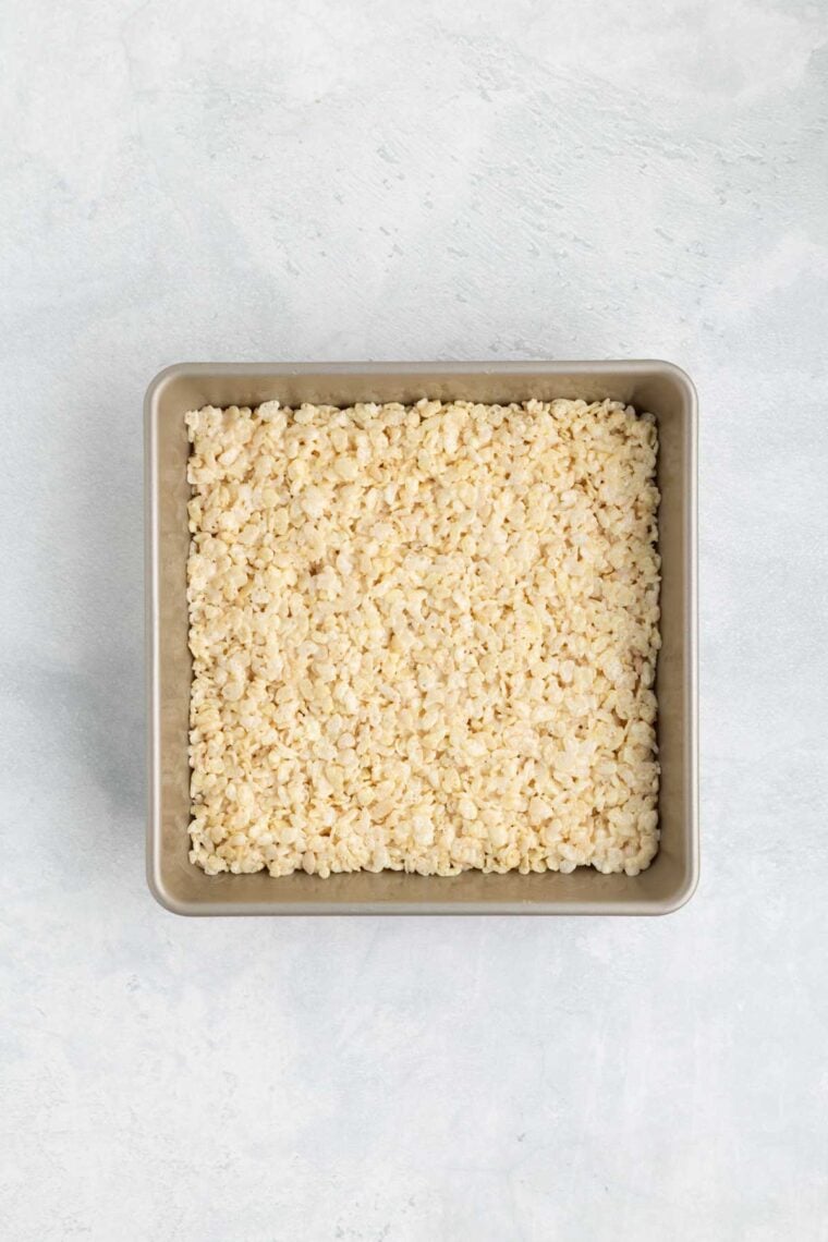 Rice Krispies treats in a baking pan.