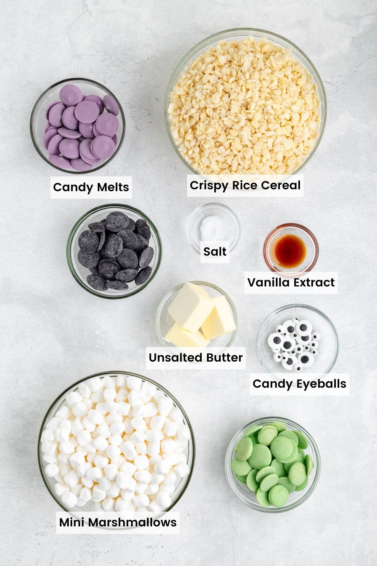 Labeled ingredients for Halloween Rice Krispies treats.