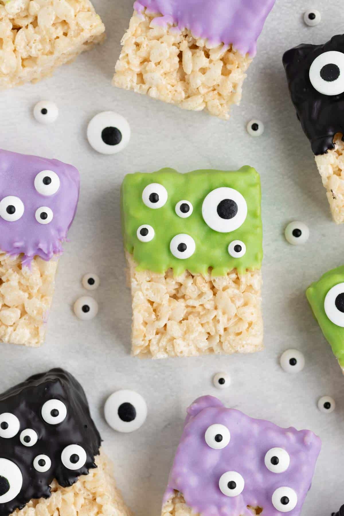 Overhead image of Halloween Rice Krispies treats with monster eyes.