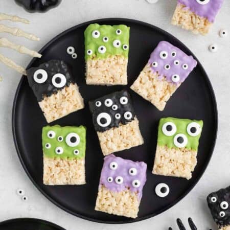 Overhead image of Halloween monster Rice Krispies treats on a plate.