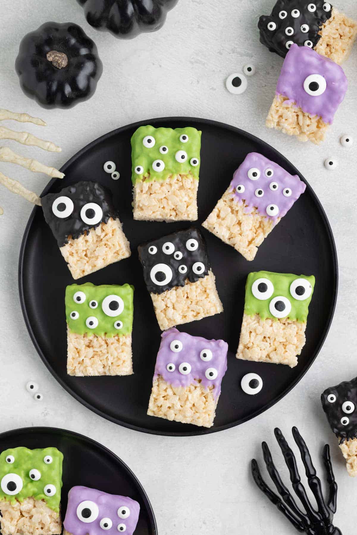 Overhead image of Halloween monster Rice Krispies treats on a plate.