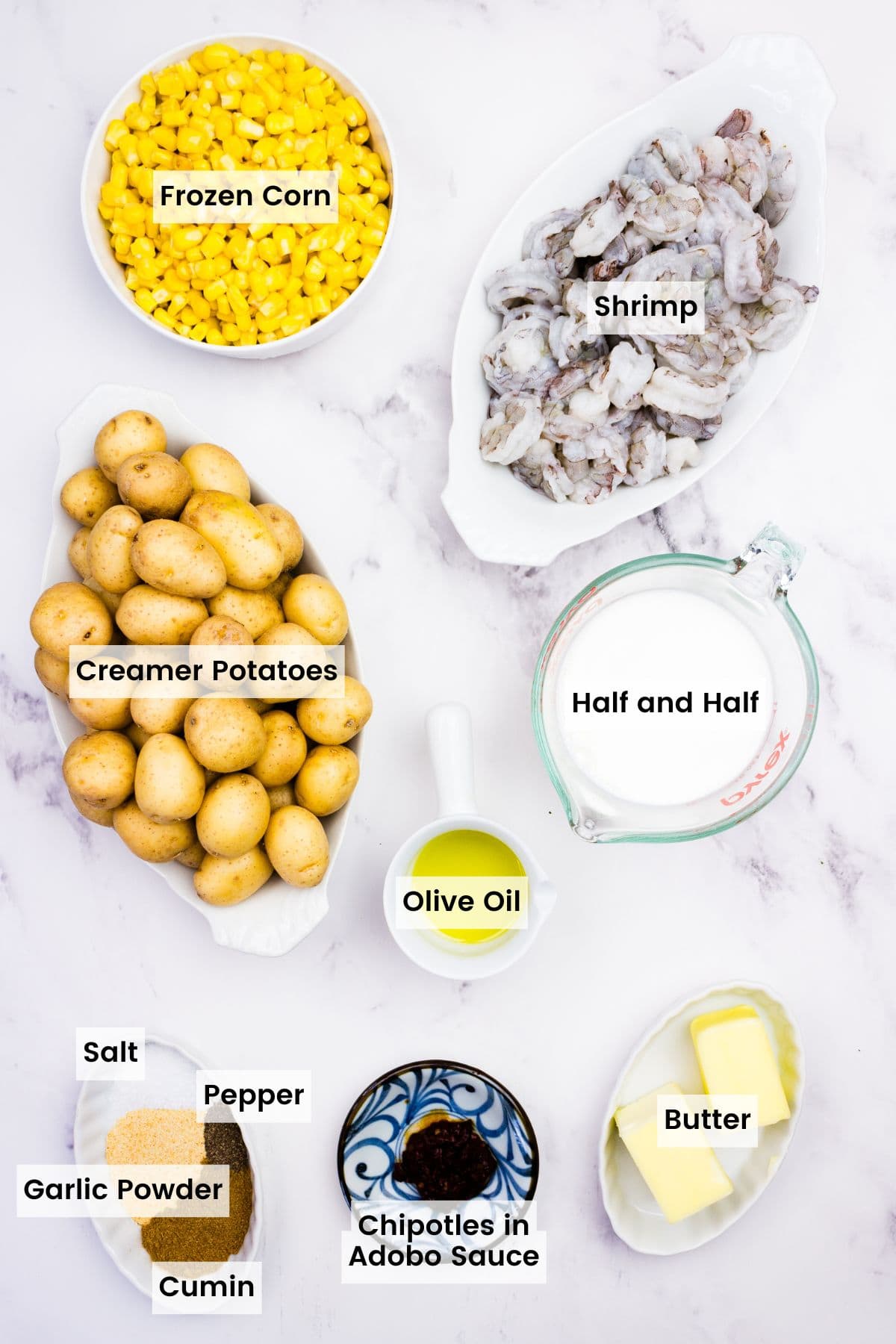 Labeled ingredients for shrimp and mashed potato bowls.