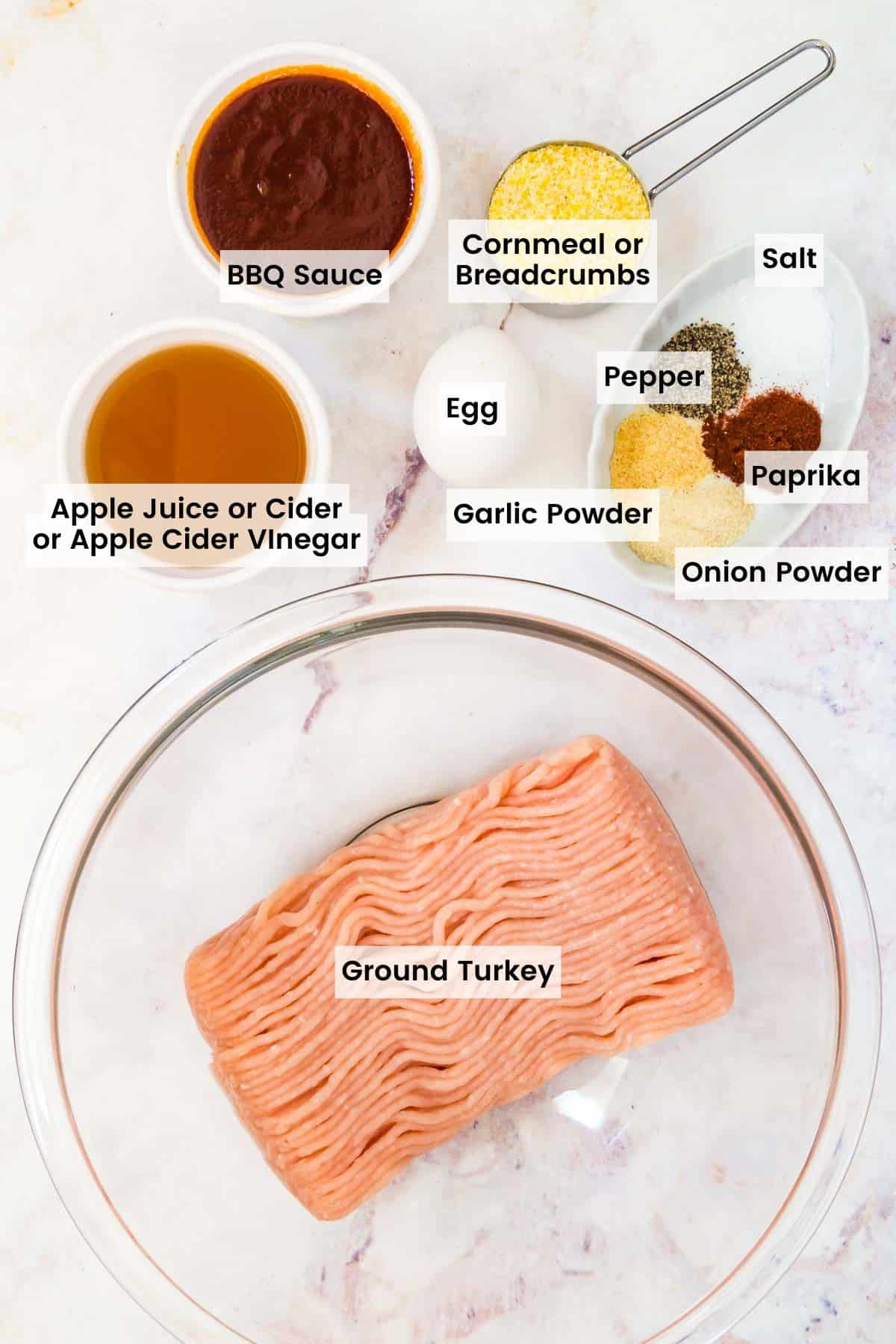 Ingredients to make barbecue turkey meatballs with text labels.