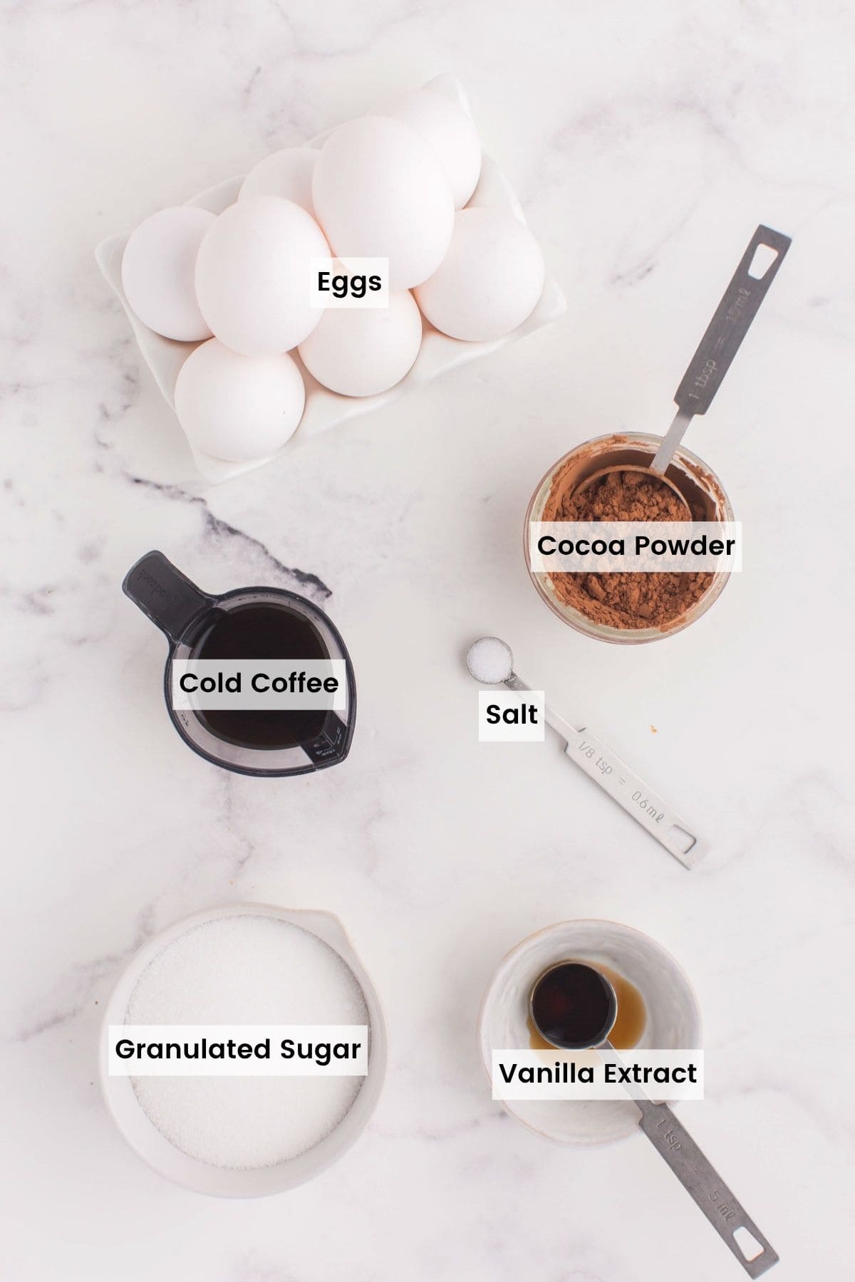 Flourless chocolate sponge cake ingredients.