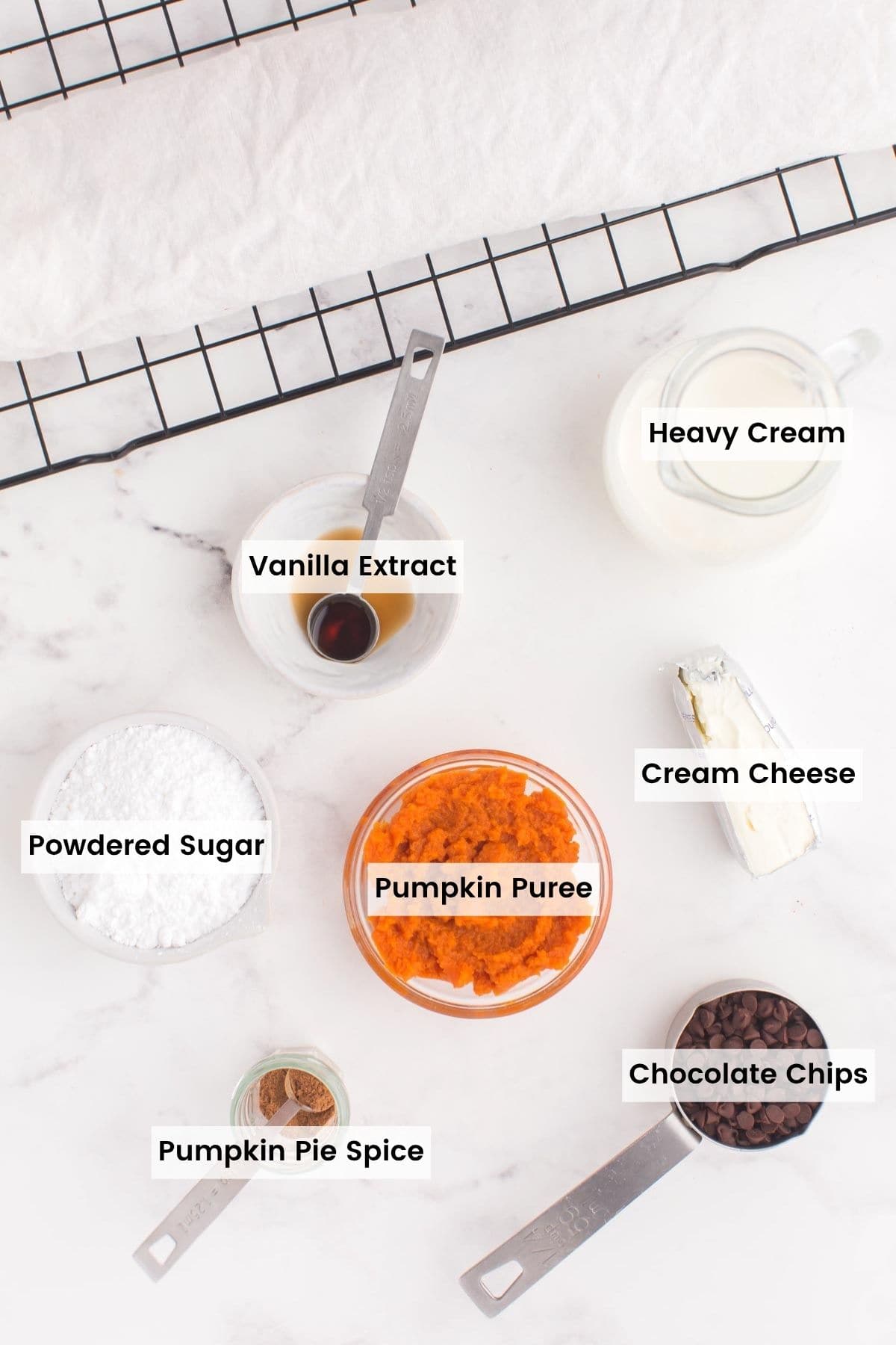 Ingredients for the pumpkin mousse filling and chocolate ganache for the pumpkin chocolate roll.