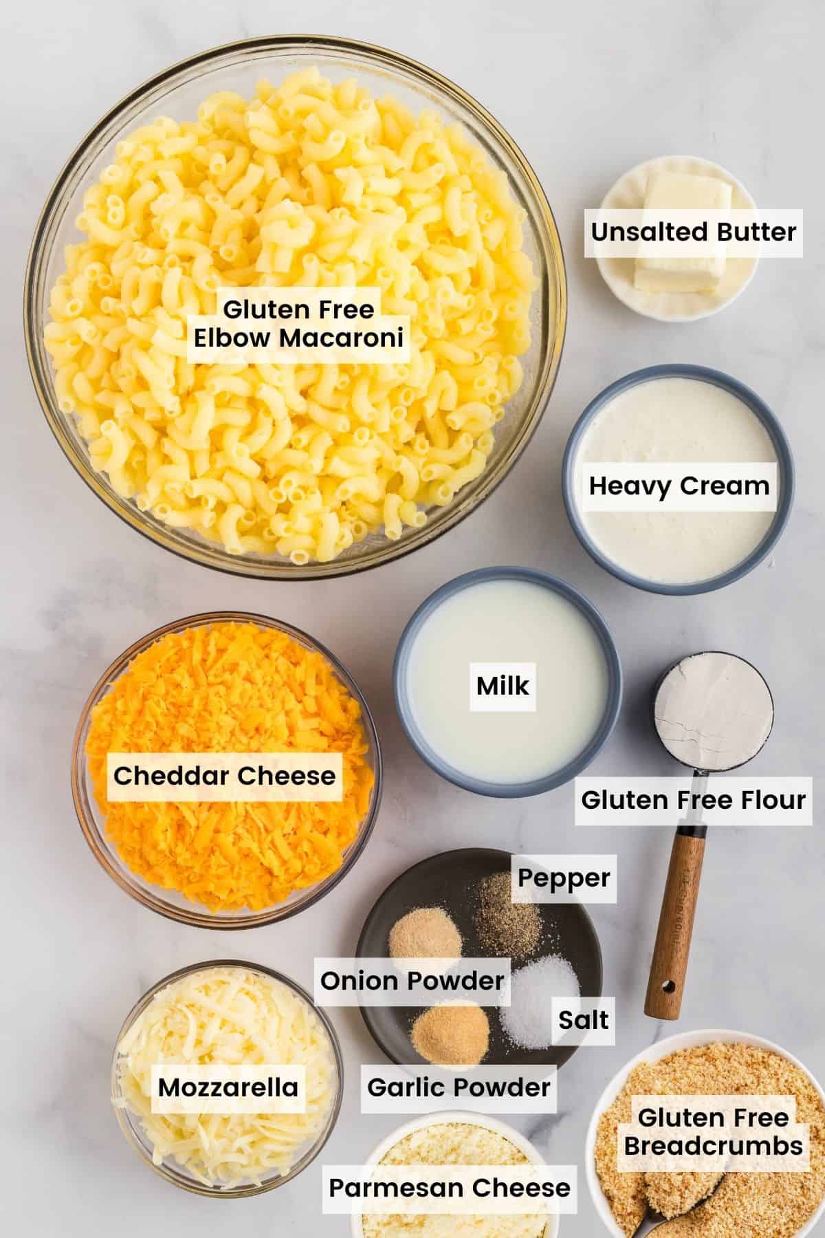 This gluten-free mac and cheese is so creamy and satisfying, with a crunchy breadcrumb topping that takes it over the edge! Labeled ingredients for gluten free mac and cheese recipe.