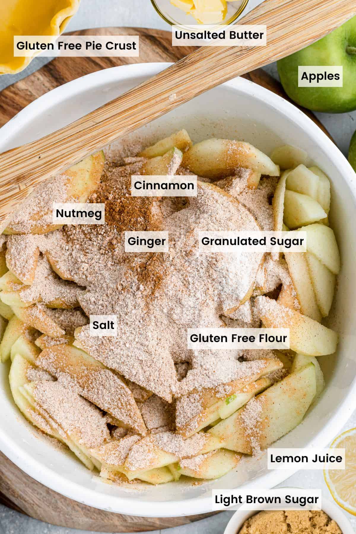 A bowl of apple slices with the other filling ingredients on top with text labels for all the apple crumb pie ingredients.