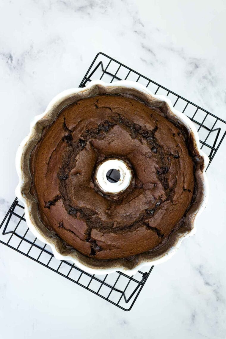 Gluten free chocolate pumpkin bundt cake cooling in the pan.