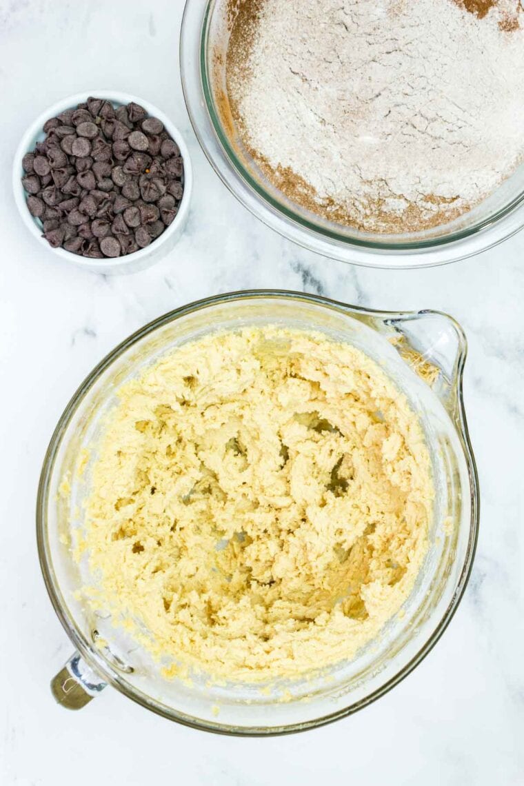 Creamed butter and sugar in a bowl.