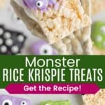A cereal treat dipped in purple chocolate and covered with candy eyes being held by a plastic skeleton hand and several of the treats in different colors on a counter divided by a green box with text overlay that says "Monster Rice Krispie Treats" and the words "Get the Recipe!".