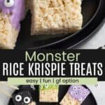 A cereal treat dipped in purple chocolate and covered with candy eyes being held by a plastic skeleton hand and several of the treats in different colors on a counter divided by a green box with text overlay that says "Monster Rice Krispie Treats" and the words easy, fun, and GF option.