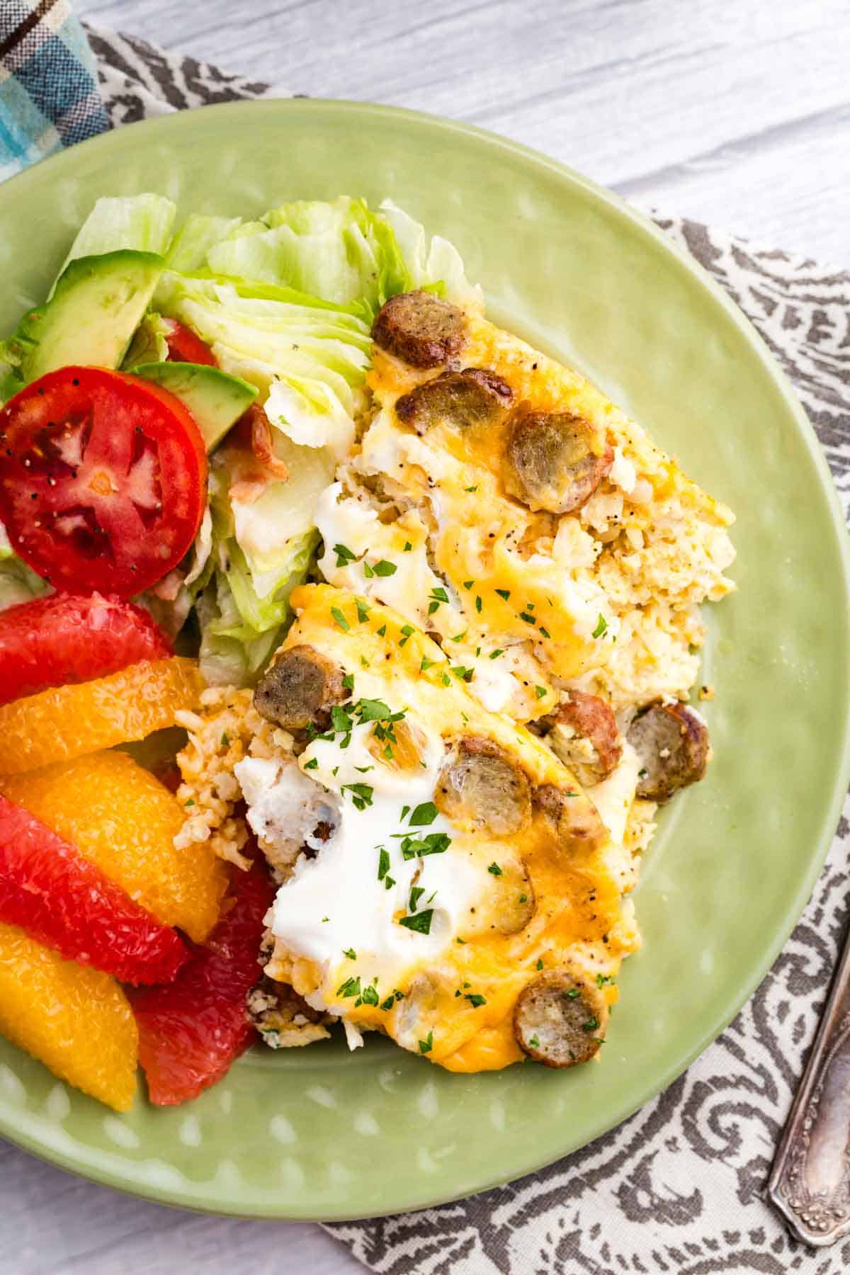Overhead image of cauliflower hash brown casserole on a plate.