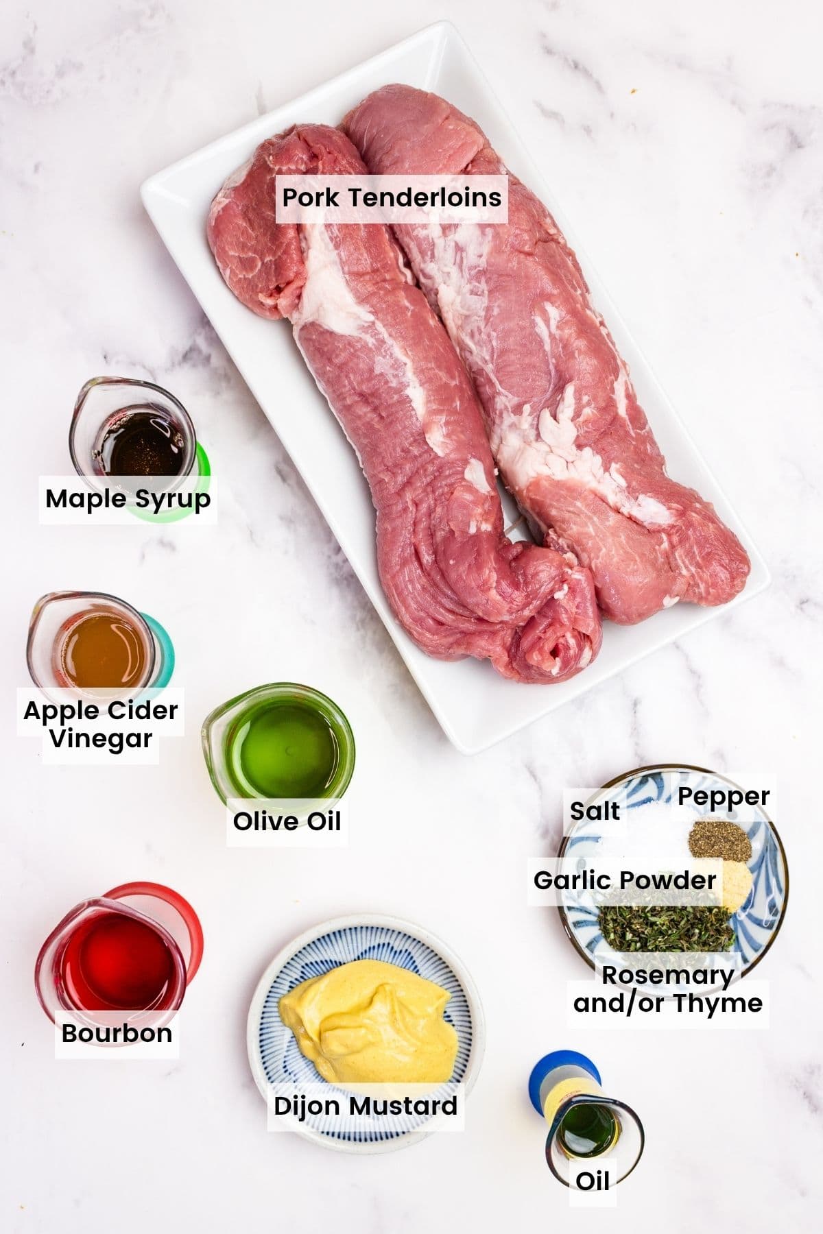 This bourbon pork tenderloin delivers tender, juicy meat with a mouthwatering maple-bourbon glaze. It'll change the way you think about pok! Labeled ingredients for bourbon pork tenderloin.