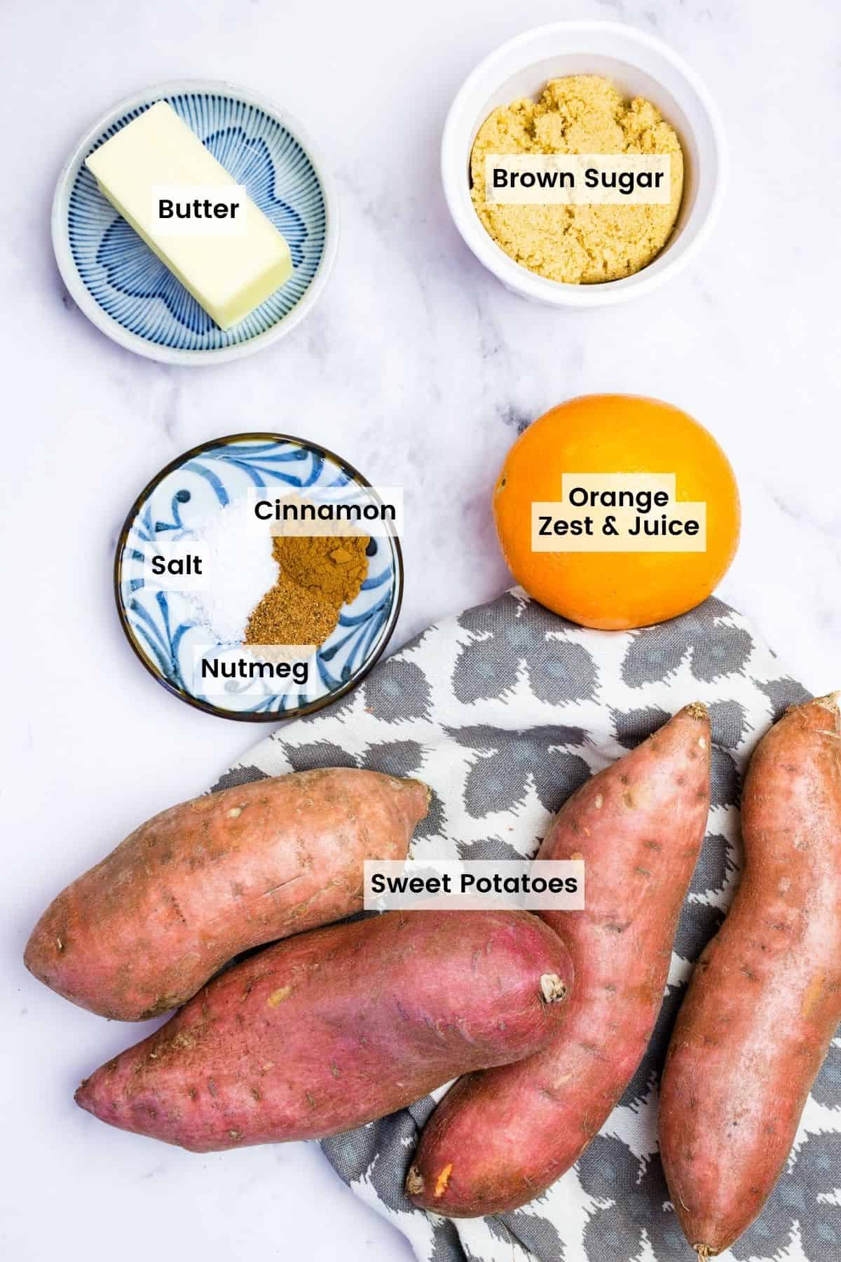 Labeled ingredients for candied sweet potatoes.