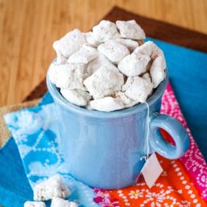 Chai White Chocolate Puppy Chow in a blue mug.