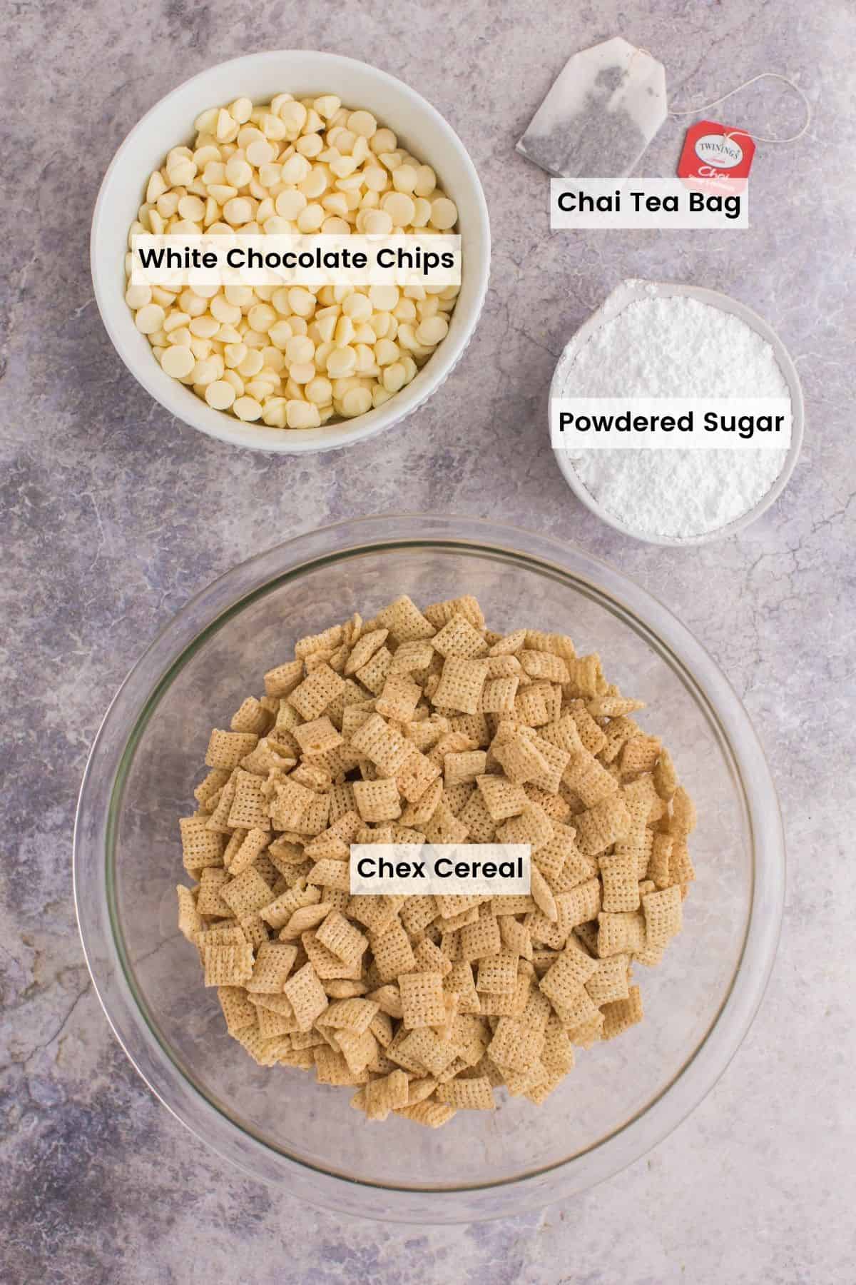 Ingredients to make Chai White Chocolate Puppy Chow with text labels.