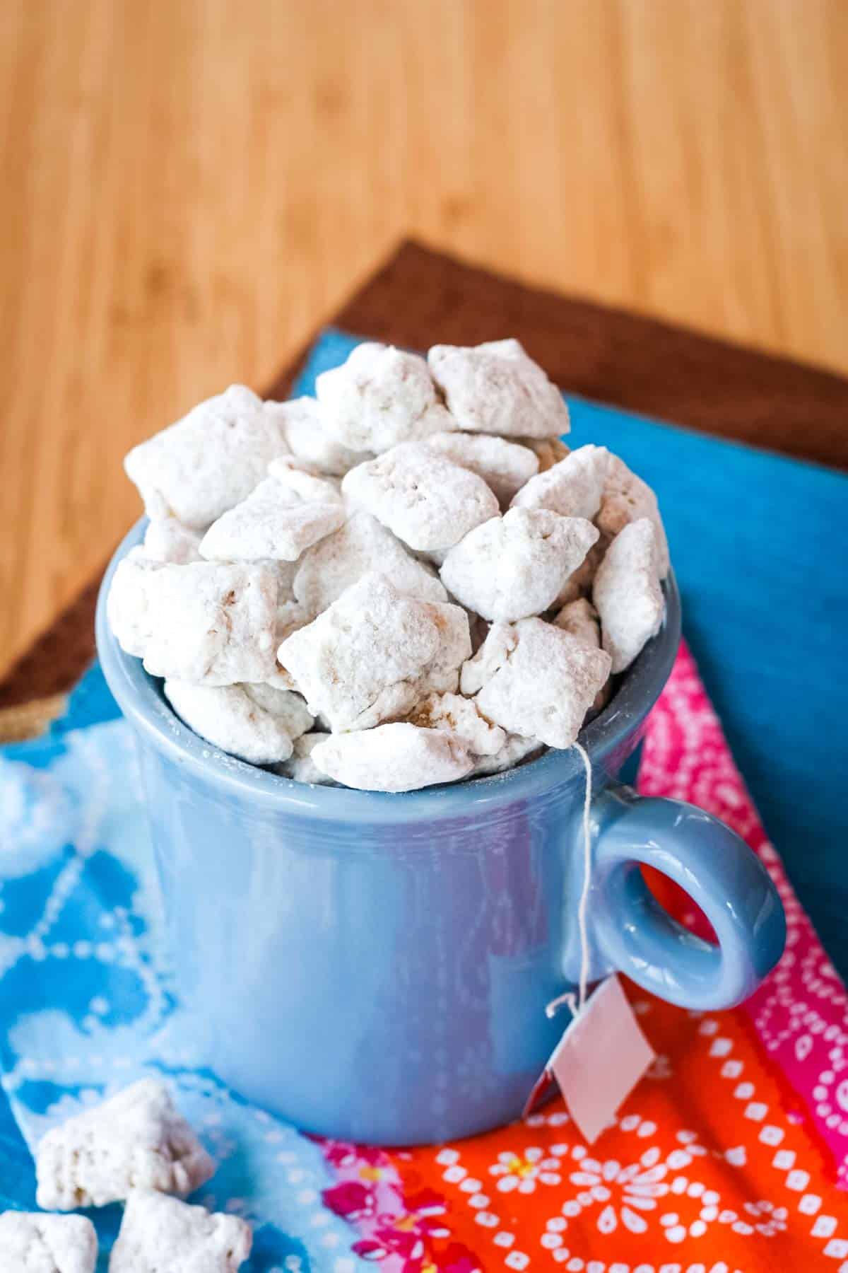Chai White Chocolate Puppy Chow in a blue mug.