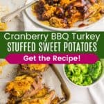 A stuffed sweet potato with barbecue sauce on a plate, and one on a plate next to some on a sheet pan divided by a green box with text overlay that says "Cranberry BBQ Turkey Stuffed Sweet Potatoes" and the words "Get the Recipe!".
