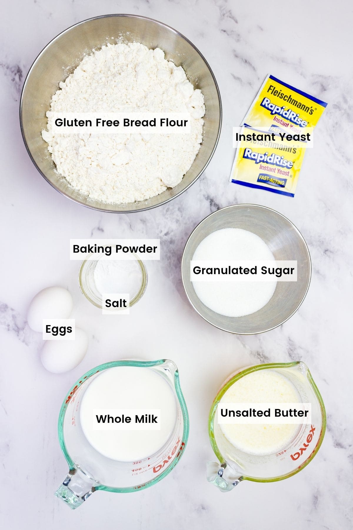 Labeled ingredients for chocolate cinnamon roll dough.