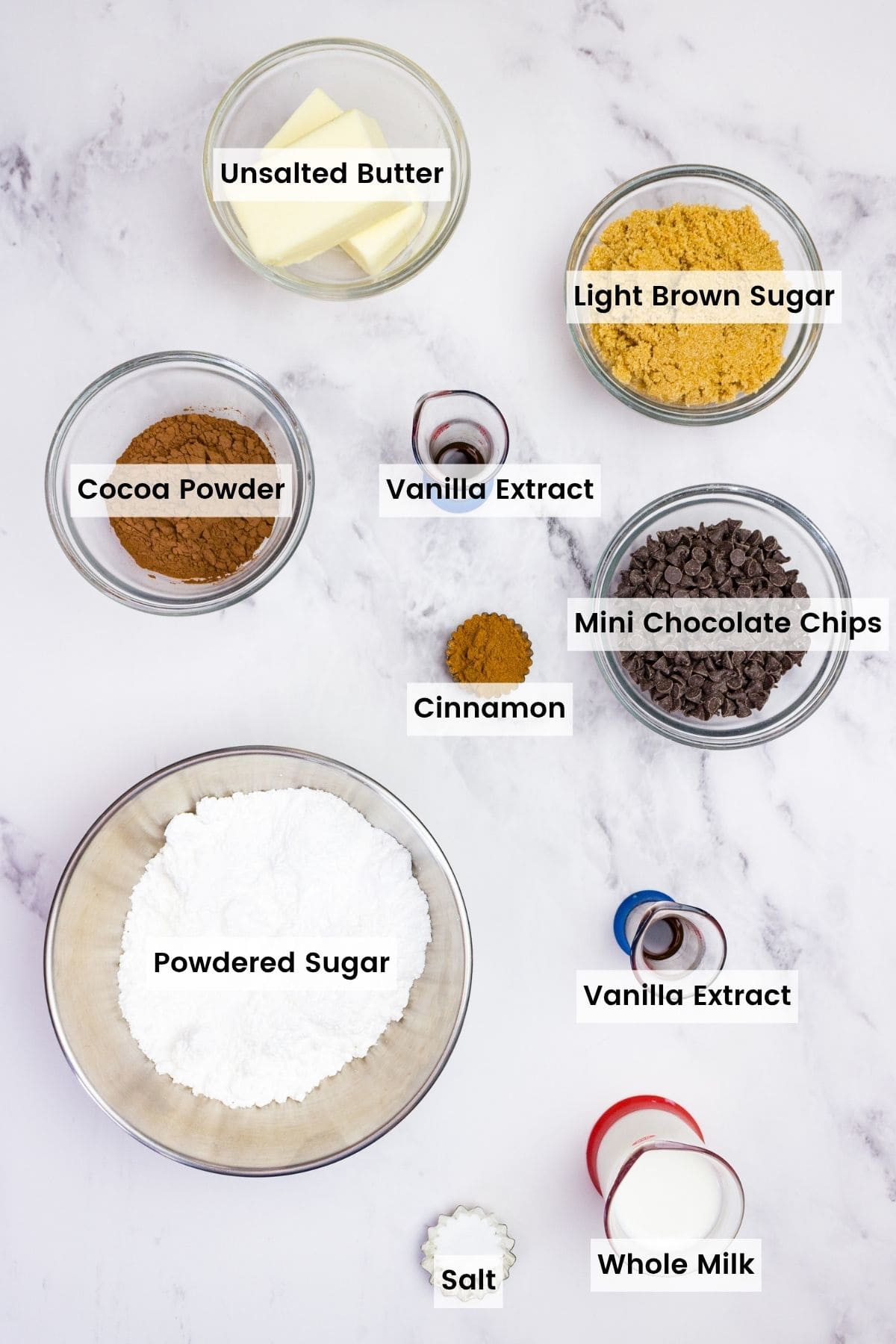 Labeled ingredients for chocolate cinnamon roll filling and frosting.