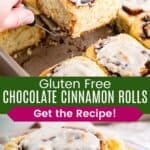 A cinnamon roll being lifted from a pan with a spatula and one torn open on a plate divided by a green box with text overlay that says "Gluten Free Chocolate Cinnamon Rolls" and the words "Get the Recipe!".