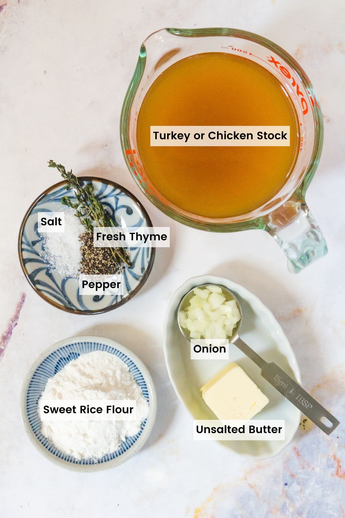 Ingredients for gluten free gravy with text labels.