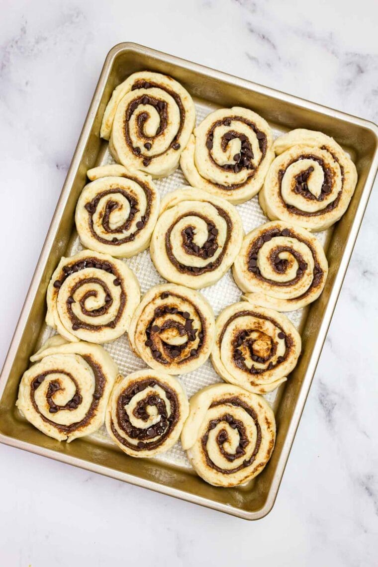Chocolate cinnamon rolls in a baking pan after rising for 20 minutes.