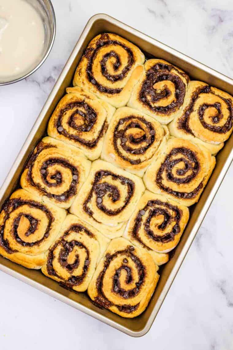 Chocolate cinnamon rolls fresh out of the oven.