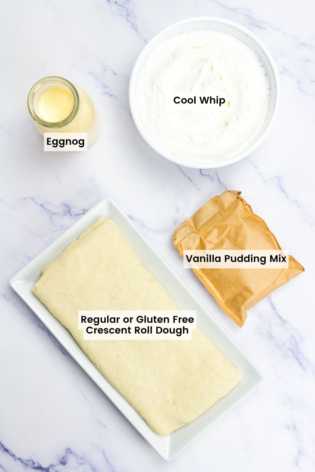 Labeled ingredients for mini eggnog pies.