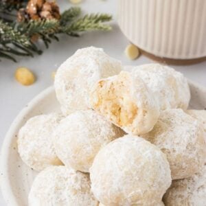 Featured image for white chocolate macadamia snowball cookies recipe.