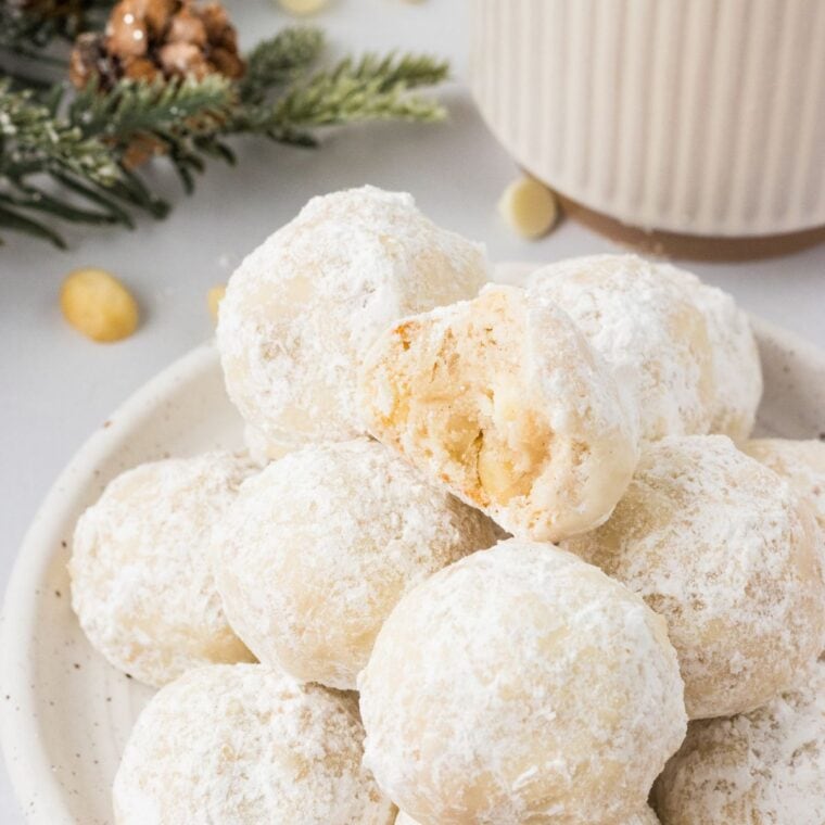 Featured image for white chocolate macadamia snowball cookies recipe.