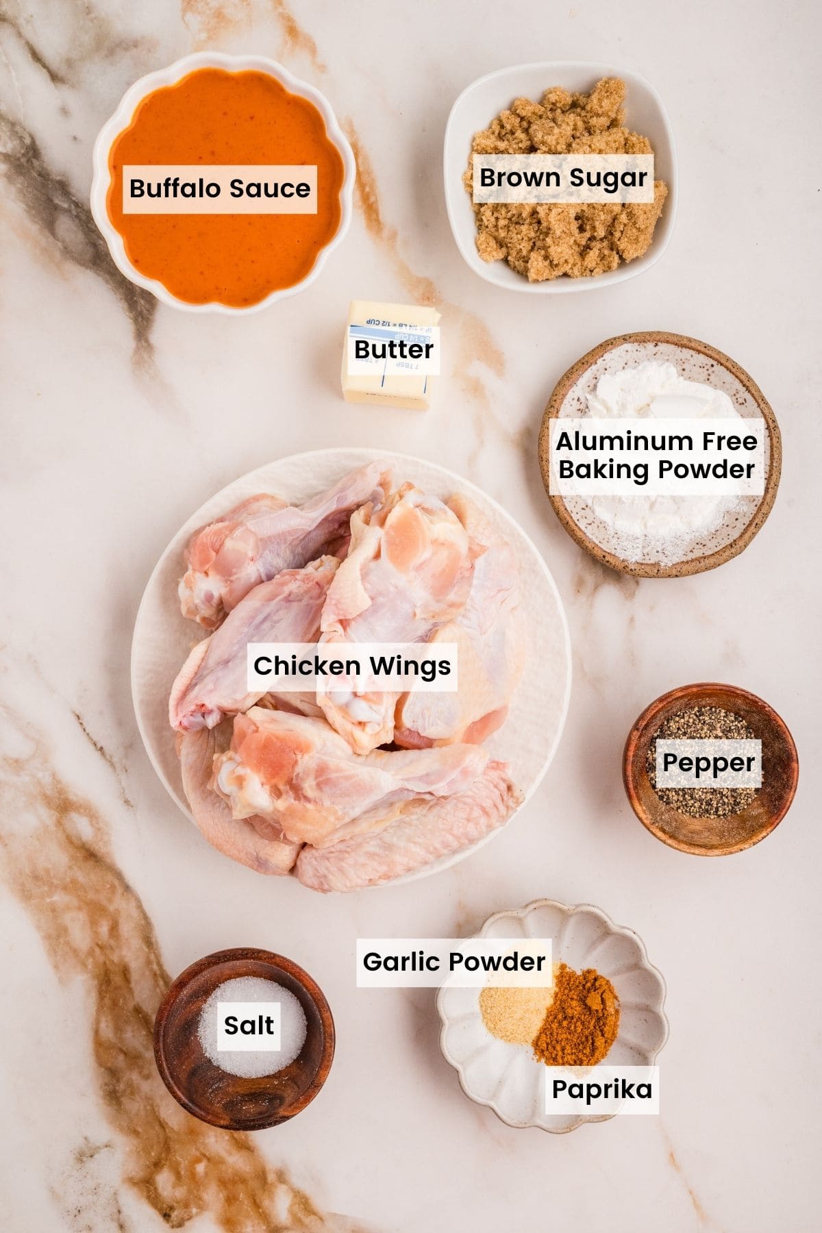Overhead view of ingredients needed to make baked buffalo wings