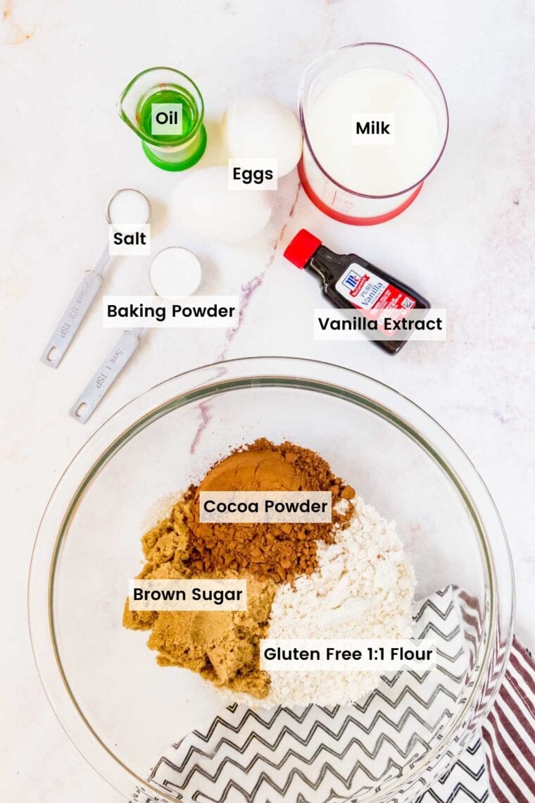 Ingredients to make baked gluten free chocolate donuts with text labels.