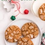 Three gingersnap cookies on a plate with text overlay that says "Gluten Free Ginger Snaps".