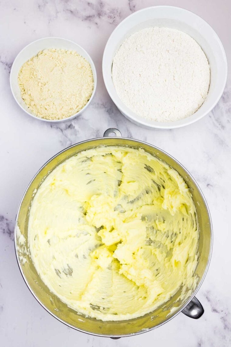 Creamed butter and sugar in a mixing bowl.