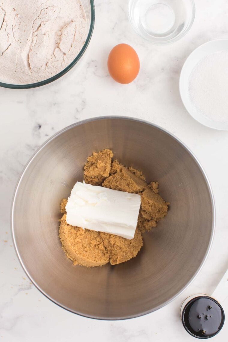 Brown sugar and shortening in a mixing bowl.