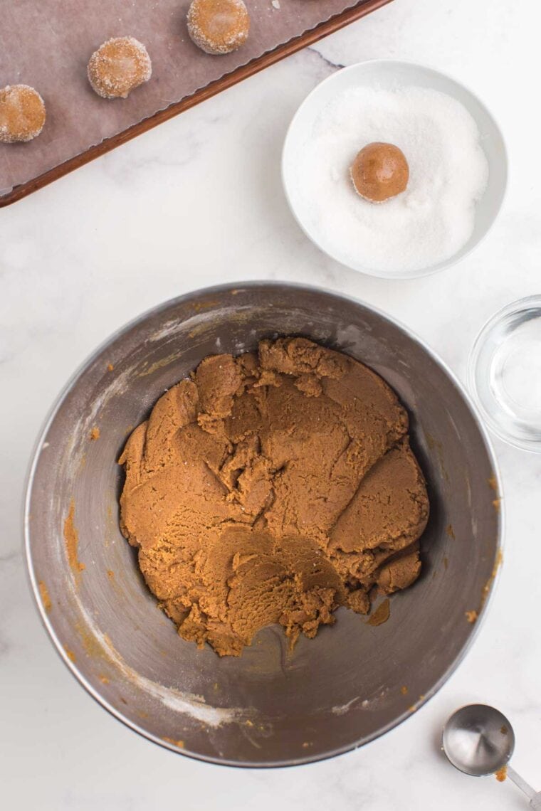 Cookie dough in a mixing bowl.
