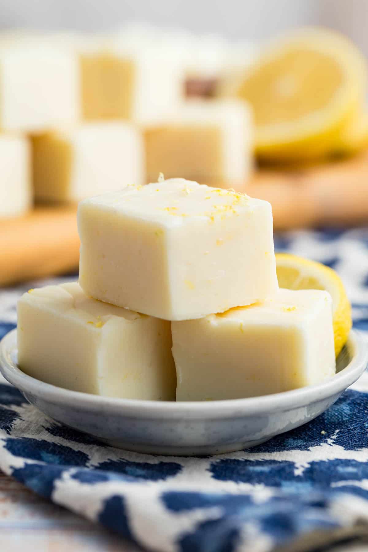 A plate with three slices of lemon fudge