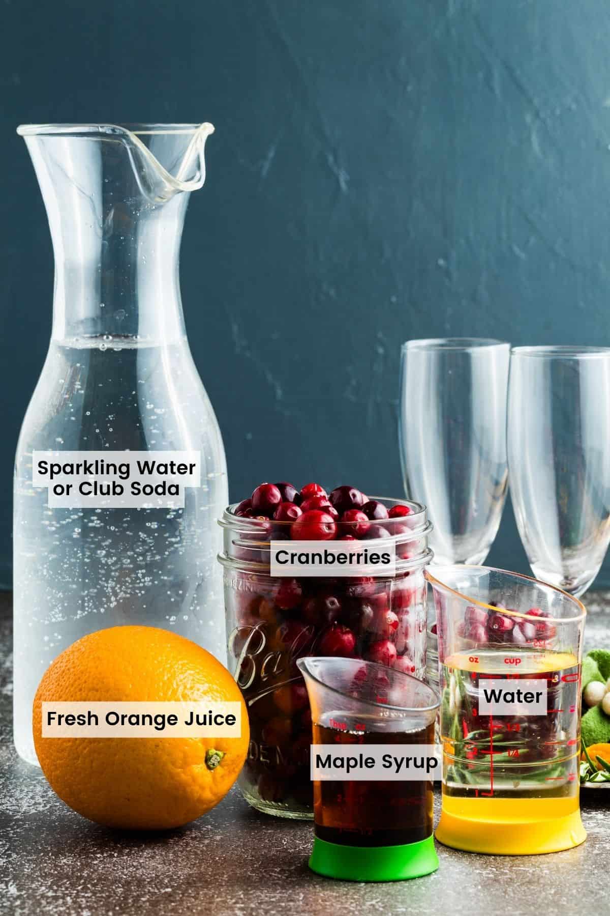 Ingredients to make a cranberry mocktail with text labels.