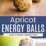 Energy bites on a wooden board and several coated with coconut stacked up divided by a blue box with text overlay that says "Apricot Energy Balls" and the words easy, sweet, and gluten free.