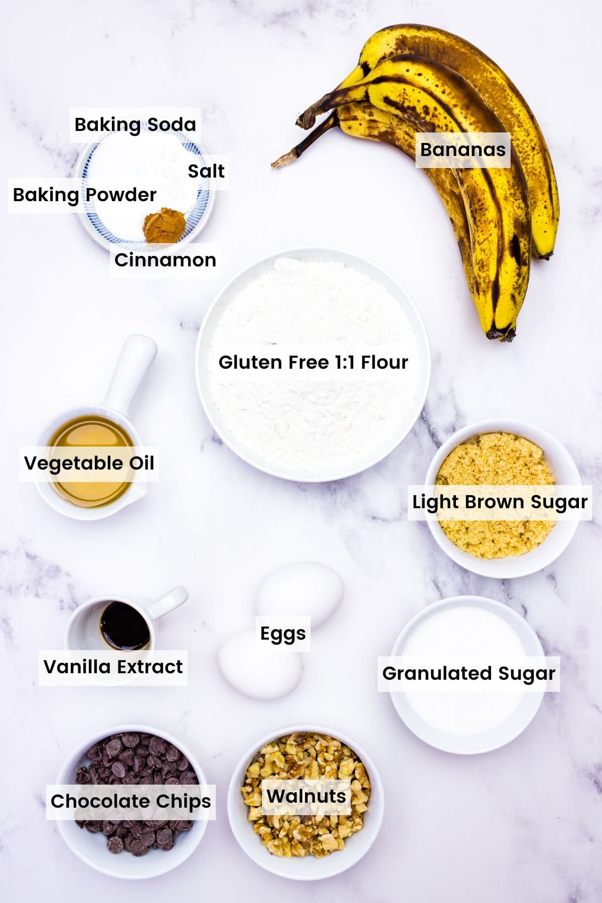 Overhead view of ingredients needed to make chocolate chip banana bread