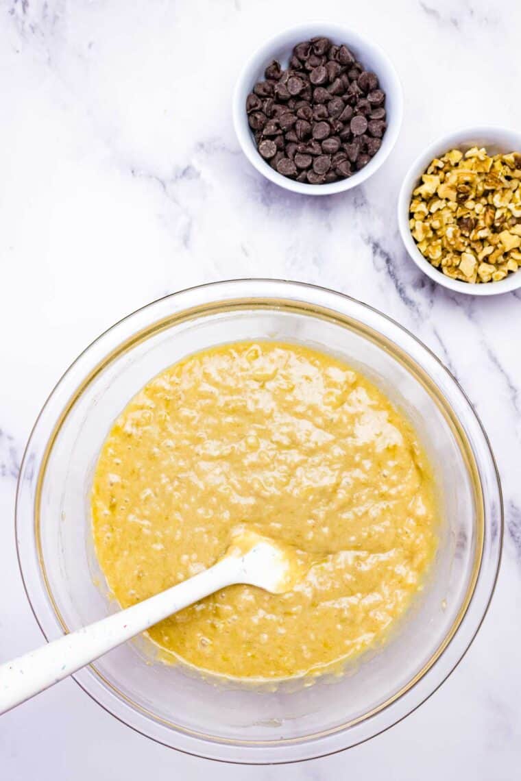 Banana bread batter in a bowl