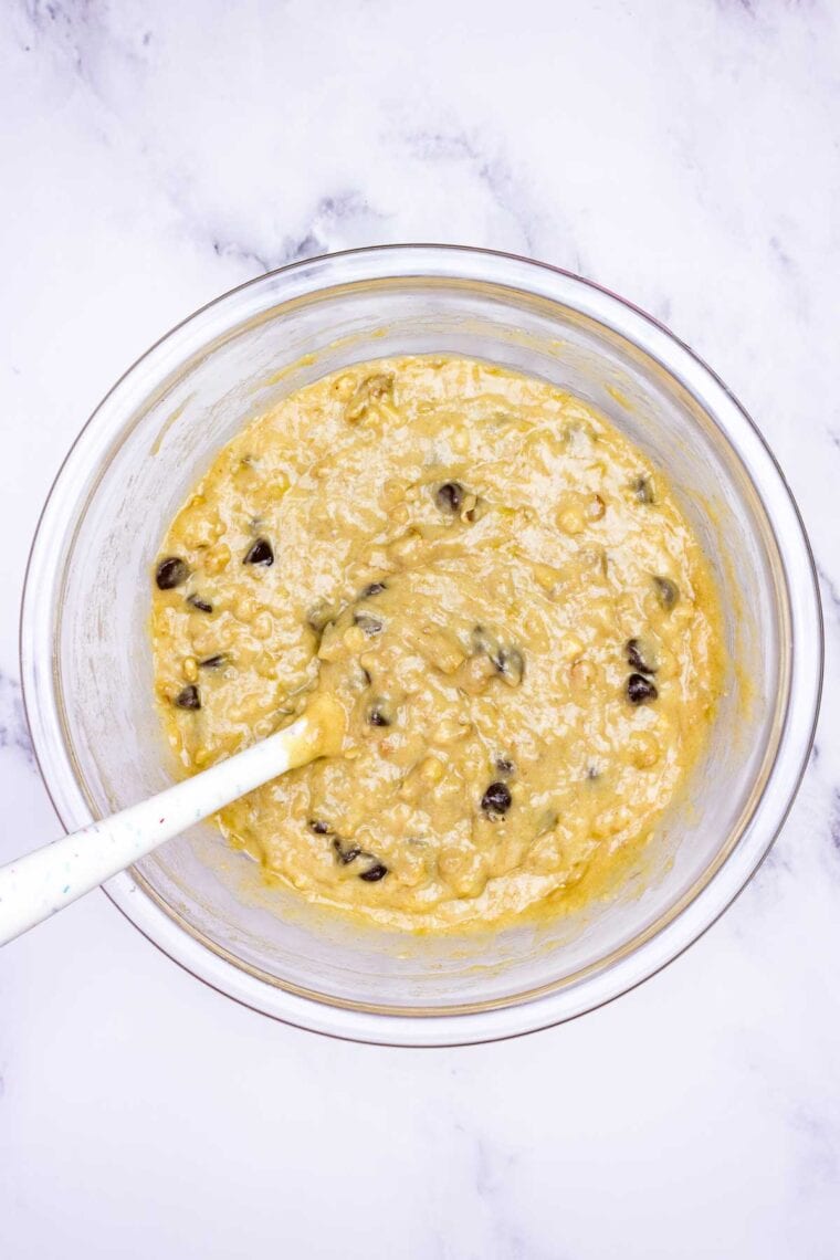 Chocolate chip banana bread batter in a bowl