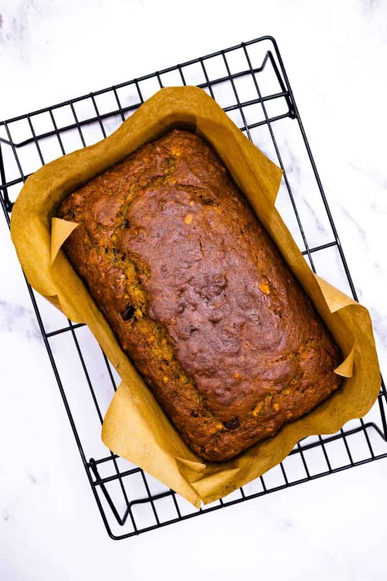 Gluten free chocolate chip banana bread in a loaf pan