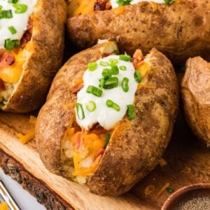 Close up of a loaded baked potato